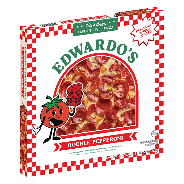 Edwardo's Double Pepperoni frozen pizza, three-quarter view of the box