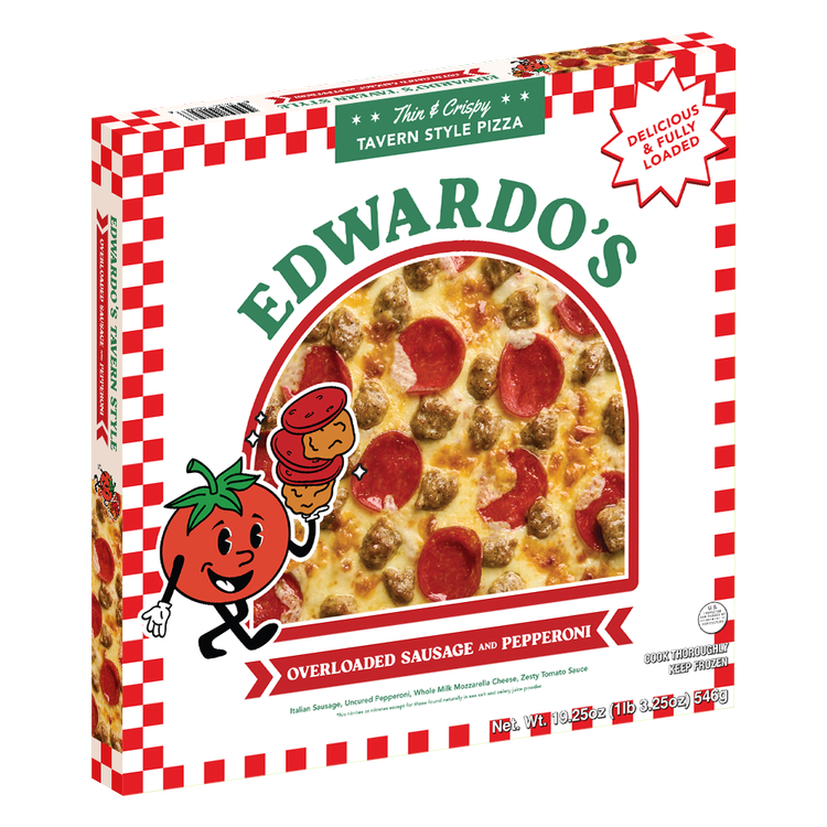 Edwardo's Overloaded Sausage and Pepperoni frozen pizza, three-quarter view of the box