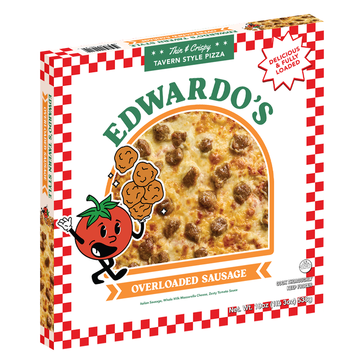 Edwardo's Overloaded Sausage frozen pizza, three-quarter view of the box