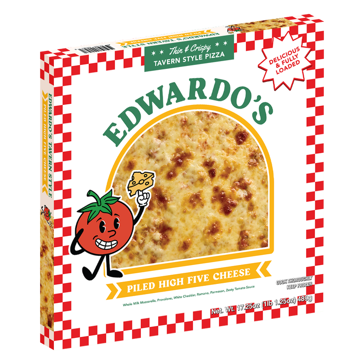 Edwardo's Piled High Five Cheese frozen pizza, three-quarter view of the box