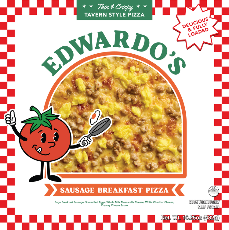 Edwardo's Sausage Breakfast Pizza frozen pizza box with sausage, eggs, and alfredo sauce