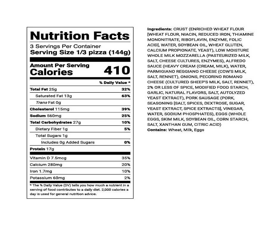 Nutrition facts for Sausage Breakfast Pizza: 3 servings, 410 calories per serving (1/3 pizza, 144g). Contains Milk, Wheat, and Eggs.