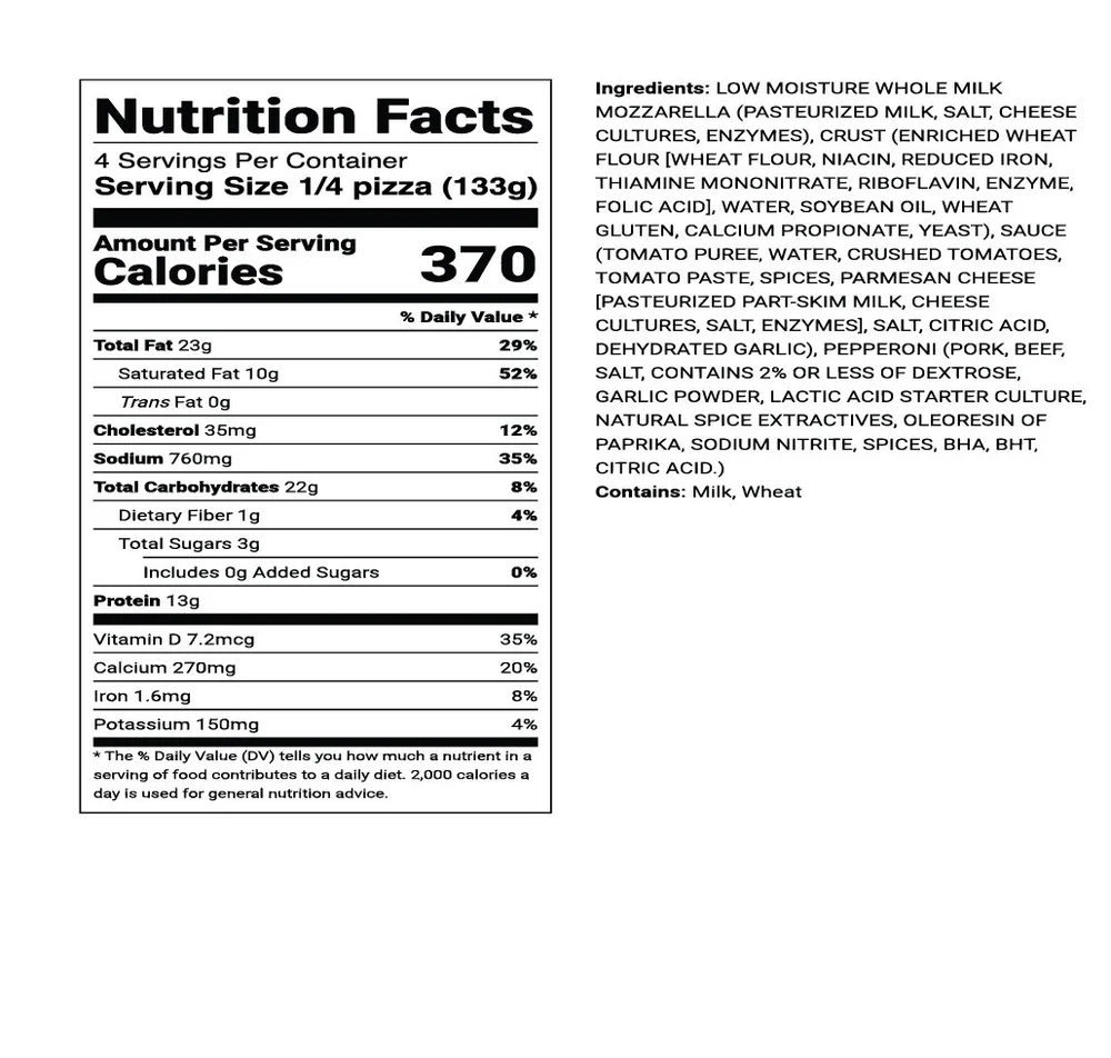 Nutrition facts for Double Pepperoni: 4 servings, 370 calories per serving (1/4 pizza, 133g). Contains Milk and Wheat.
