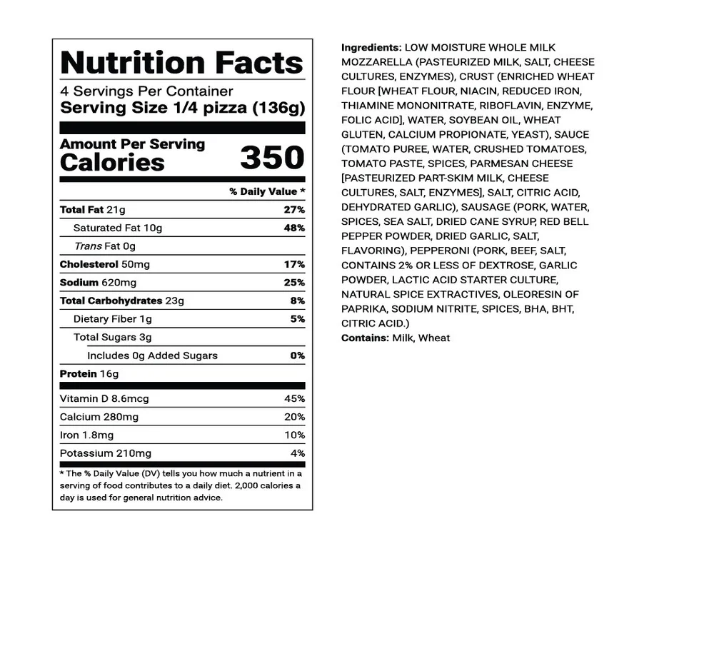 Nutrition facts for Overloaded Sausage and Pepperoni: 4 servings, 350 calories per serving (1/4 pizza, 136g). Contains Milk and Wheat.