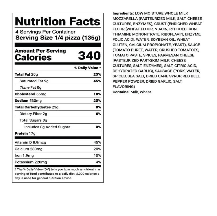 Nutrition facts for Overloaded Sausage: 4 servings, 340 calories per serving (1/4 pizza, 135g). Contains Milk and Wheat.